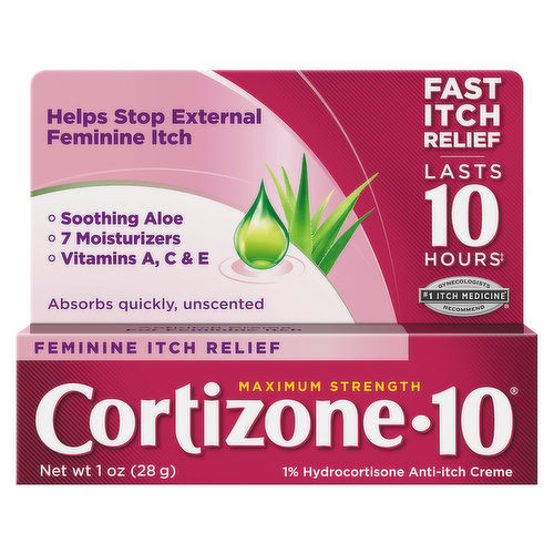 Helps stop external feminine itch. Soothing aloe. 7 moisturizers. Vitamins A, C & E. Absorbs quickly, unscented. Fast itch relief. Lasts 10 hours (When used as directed). No. 1 itch medicine (Refers to the ingredient hydrocortisone) gynecologist recommended. Anti-itch creme for feminine itch.