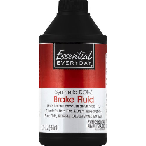 Meets Federal Motor Vehicle Standard 116. Suitable for both disc & drum brake systems. Brake fluid, non-petroleum based ISO 4925. Great products at a price you'll love - that's Essential Everyday. Our goal is to provide the products your family wants, at a substantial savings versus comparable brands. We're so confident that you'll love Essential Everyday, we stand behind our products with a 100% satisfaction guarantee. Real savings, highest quality, every day. If you're not completely satisfied with this product, please contact us at www.essentialeveryday.com or 1-877-932-7948.