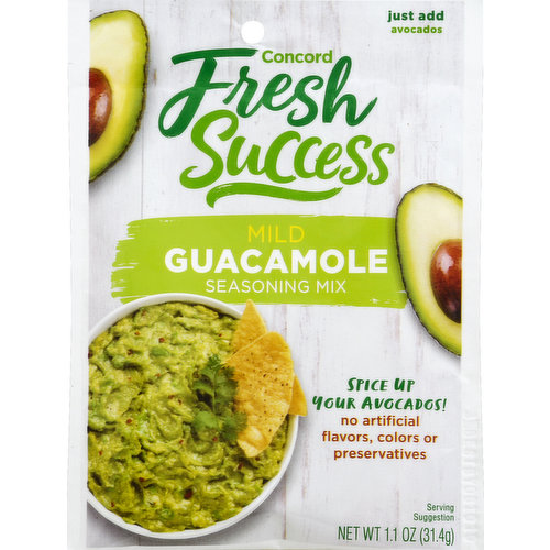 Just Add: 2 avocados. Quick and easy to prepare. Simply mix our perfect blend of spices with two ripe avocados to make delicious guacamole. Ready in minutes, this is a great tasting dip for any occasion. The makers of fine products in the produce department. Visit our website for great recipes! www.concordfoods.com.