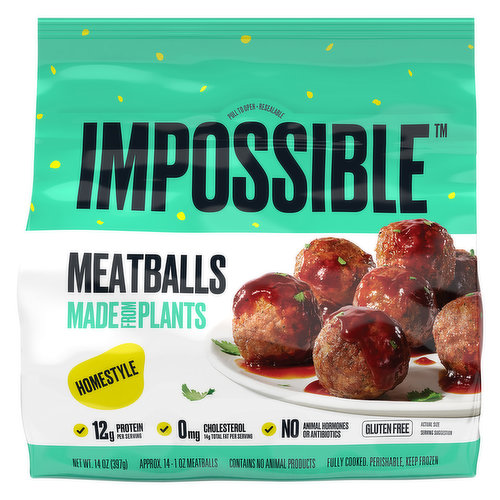 No animal hormones or antibiotics. Approx. 14-1 oz meatballs. Contains no animal products. Fully cooked. Every time you eat Impossible Meatballs made from plants (Instead of animal-based meatballs), you are using: 87% less water; 85% less greenhouse gas emissions; 88% less land.