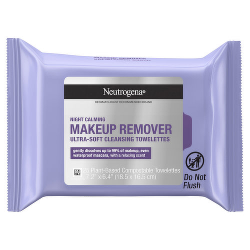 Gently cleanse skin and remove makeup without tugging or frustration at the end of the day with Neutrogena Makeup Remover Night Calming Cleansing Face Wipes. Formulated without parabens, soaps, or alcohols, they are gentle on the eyes & suitable for contact lens wearers. These ultra-soft makeup remover wipes feature a relaxing fragrance while they work to cleanse & leave skin feeling calm. The patented technology of these pre-moistened facial cleansing towelettes gently lifts away up to 99% of dirt and makeup--even waterproof mascara. Disposable face wipes feature an effective formula that leaves skin refreshingly clean with no heavy residue, so your face doesn't require rinsing after use. With a triple emollient blend, our face cleansing towelettes are also ophthalmologist-, dermatologist-, and allergy-tested. Designed with the Earth in mind, use these 100% plant-based cloth daily face wipes as part of your skincare routine for a soothing experience at home.
