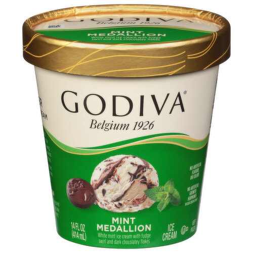 Belgium 1926. No artificial growth hormones in our cream & milk (Our farmers pledge not to use artificial growth hormones in our cream and milk. No significant difference has been shown between milk from rBST treated cows and non-rBST treated cows). Not intended for sale outside the United States. Discover Godiva Ice Cream: Godiva is synonymous with exquisite chocolate, crafted in the Belgian tradition of chocolate making. Now, a new Godiva experience beckons with this unique ice cream collection. Each scoop or spoonful of Godiva ice cream pairs the finest ingredients with the iconic Godiva chocolate experience. Mint Medallion: Godiva's Mint Medallion Ice Cream is inspired by Godiva's iconic Mint Medallion chocolate (Chocolate piece not included) featuring a crisp refreshing mint and dark chocolate finish.