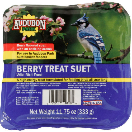 Berry flavored suet with an enticing aroma. For use in Audobon Park suet basket feeders. A high-energy treat formulated for feeding birds all year long. audubonpark.com. Made in USA.