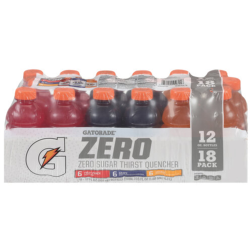 Gatorade Zero Thirst Quencher, Zero Sugar, Fruit Punch/Grape/Orange, 18 Pack