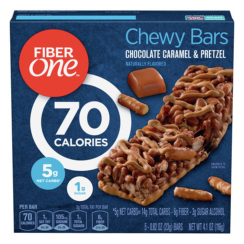 Naturally flavored. 70 calories. 5 g net carbs (5 g net carbs = 14 g total carbs = 6 g fiber - 3 g sugar alcohol). 1 g sugar. Per Bar: 70 calories; 1 g sat fat (0% DV); 105 mg sodium (9% DV). 1 g sugar. Per Bar: 70 calories; 1 g sat fat (6% DV); 105 mg sodium (5% DV); 1 g total sugars; 6 g fiber (21% DV). Contains bioengineered food ingredients. Learn more at Ask.GeneralMills.com. Gradually increase fiber over time to help minimize potential gastrointestinal discomfort. www.fiberone.com. how2recycle.info. We welcome your questions and comments www.fiberone.com; 1-800-231-03080. Box Tops for Education: No more clipping. Scan your receipt. See how at btfe.com. Try out other delicious flavors: Chocolate peanut butter; Chocolate. 100% recycled paperboard. Carbohydrate Choices: 1.
