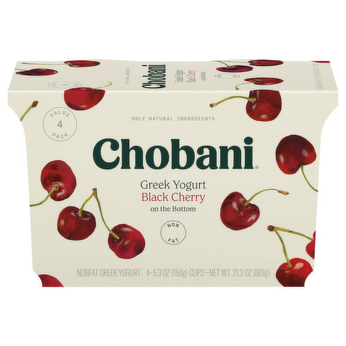 Chobani Yogurt, Non Fat, Greek, Black Cherry on the Bottom, Value 4 Pack