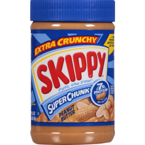 7 g protein per serving. Gluten free. Good source of vitamin E. See nutrition information for fat and saturated fat content. Fuel the fun! Did you know? Every serving of Skippy peanut butter has 7 grams of protein. So when combined with nutrition’s foods like whole grain bread, fruit & milk, Skippy Peanut Butter helps restore your family's energy and leaves them felling charged! Look for inner quality seal. No artificial preservatives, artificial flavors, or colors (Similar to all peanut butters). www.peanutbutter.com. Visit us at: peanutbutter.com. Comments and questions call 1-866-4SKIPPY.