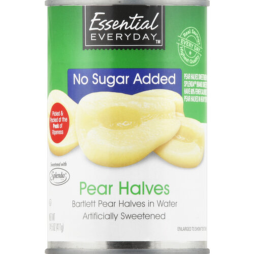 Bartlett pear halves in water. Artificially sweetened. Picked & packed at the peak of ripeness. Sweetened with Splenda brand. Real savings; Highest quality; Every day. Pear Halves sweetened with Splenda brand Sweetner have 60% fewer calories than pear halves in heavy syrup. For additional recipes, visit www.essentialeveryday.com. Calories of Pear Halves per serving: This Product: 40 calories; In Heavy Syrup: 100 calories. Steel. Please recycle. Gluten Free.