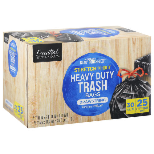 Essential Everyday Trash Bags, Heavy Duty, Drawstring, 30 Gallon