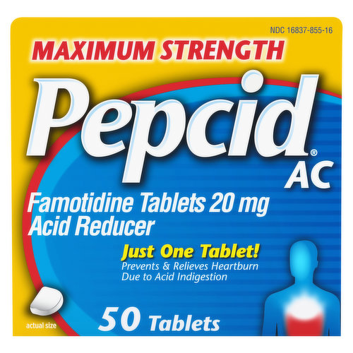 Maximum Strength Pepcid AC Heartburn Relief Tablets with famotidine provide fast-acting prevention and relief of heartburn associated with acid indigestion and sour stomach. Each acid controlling tablet contains 20 mg of famotidine, a known acid reducer that helps relieve heartburn brought on by eating or drinking certain food and beverages. Keep a package in your bag or at your desk for easy-access to treat heartburn on-the-go. You can take Maximum Strength Pepcid AC as little as 10 minutes before eating, and know you have strength on your side all day or all night.** *Prevents heartburn if taken 10 to 60 minutes before a meal. **Based on 9-hour acid control studies during the day and 12-hour acid control studies during the night. Acid control does not imply symptom relief.