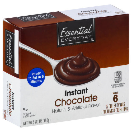 Makes 6 - 1/2 cup servings. Ready to eat in 5 minutes. Natural & artificial flavor. 100 calories per 1/6 package as packaged. essentialeveryday.com. Like it or let us make it right. That's our quality promise.