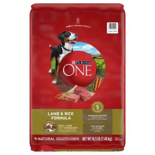 Calorie Content (calculated)(ME): 3791 kcal/kg, 362 kcal/cup. Purina One Lamb & Rice Formula is formulated to meet the nutritional levels established by the AAFCO  Dog Food Nutrient Profiles for maintenance of adult dogs.