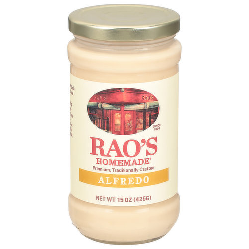 Since 1896. Premium, traditionally crafted. Over 120 years in the making. Bring home the famous taste of Rao's Homemade Alfredo Sauce. This alfredo sauce is a rich, smooth blend of cheese, cream and butter. Heat. Serve.