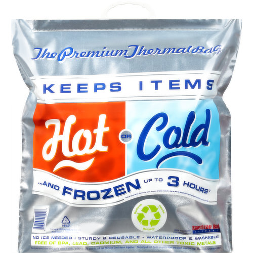 The premium thermal bag. Keeps items and frozen up to 3 hours (Actual time varied depending upon amount of items inside the bag as well as temperature and sunlight conditions outside of the bag). No ice needed. Sturdy & reusable. Waterproof & washable. www.hotcoldbags.com. Reduce. Reuse. Recycle. This bag is 100% recyclable and food safe PE-LD metallized. Holds up to 30 lbs. Free of BPA, lead, cadmium, and all other toxic metals. Made in Germany.