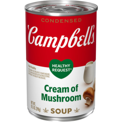 Campbell’s® Condensed Healthy Request® Cream of Mushroom Soup is just the beginning of any great recipe. Each heart healthy* serving is a great ingredient for cooking family favorites. Start any great meal with this Healthy Request® Cream of Mushroom Soup starts with farm fresh cream, and mushrooms and garlic that instantly adds creamy and rich flavor to your favorite dishes. Plus, this cream of mushroom soup has 50% less sodium and 50% less fat than our regular product**! Try it as a substitute for a roux or béchamel sauce or use it as a start to your next weeknight meal, like easy chicken & veggie pasta. With high-quality ingredients, this canned Cream of Mushroom Soup always delivers feel good nourishment. Campbell’s® Healthy Request® Cream of Mushroom Soup is food you can feel good about – let’s get ready to create. M’m! M’m! Good!® *While many factors affect heart disease, diets low in saturated fat and cholesterol may reduce the risk of this disease. **410mg sodium, 2.5g fat per serving vs. 860 sodium, 7g fat in our regular cream of mushroom soup.From Chicken Noodle to Tomato and everything in between, Campbell’s® makes delicious soups with quality, farm-grown ingredients in flavors you and your family know and love. Whether Campbell’s® Condensed canned soups are your secret ingredient in recipes or you want to simmer down with the perfect bowl, we have a soup that everyone can enjoy.
