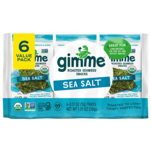 Great for lunchboxes, on-the-go and office snacks. Roasted to light crispy perfection. Delicious, nutritious, snackable fun! Powered by one of the world's most nutrient-dense veggies, our seaweed snacks are craveably crafted to deliver an amazing crispy crunch with a salty umami flavor that will have you saying gimMe more! Did you know? Grum means seaweed in Korean. No. 1 organic seaweed. Sea Turtle Conservancy.