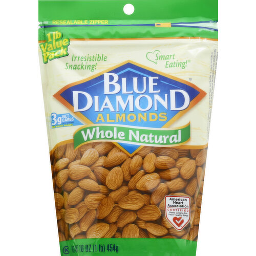 Irresistible snacking! 1 lb value pack. Smart eating! 3 g net carbs per serving. Scientific evidence suggests, but does not prove, that eating 1.5 ounces per day of most nuts, such as almonds, as part of a diet low in saturated fat and cholesterol may reduce the risk of heart disease. See nutrition information for fat content. See back panel. American Heart Association certified. Meets criteria for heart-healthy food. Consistent quality and great value! Since 1910, Blue Diamond Growers has been producing the finest quality almonds from orchards in the rich, fertile valleys of California. We are proud to offer you and your family our prime selection of almonds for your snacking enjoyment. This large, convenient, resealable bag provides a great value. Almonds are calorie smart. No cholesterol. Good source of fiber. Good source of protein. No artificial ingredients. From the almond people. 6 g total carbs - 3 g fiber = 3 g net carbs per serving. Questions or Comments? Write Blue Diamond Customer Support, Sacramento, CA 95812. Please include code number found on the package with all inquiries. www.bluediamond.com. Peanut free. From California.