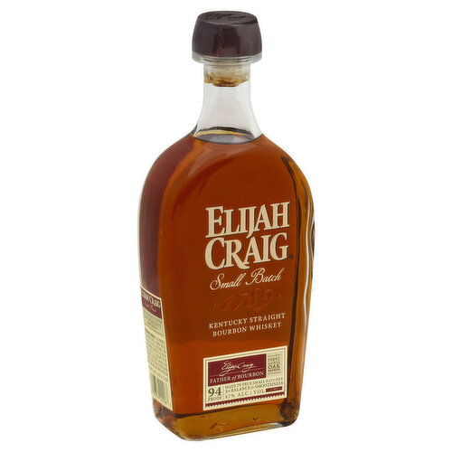 Small batch. Elijah Craig - Father of Bourbon. First to char oak barrels. Made in true small batches for balance & smoothness. 1789. 94 proof. 47% alc/vol. Distilled and bottled by the Elijah Craig Distillery Co., Bardstown, KY.