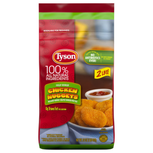 Made with chicken raised with no antibiotics ever, Tyson® Fully Cooked Chicken Nuggets are a delicious addition to any meal. Our chicken nuggets are made with no preservatives, then breaded and seasoned to perfection. With 0 grams of trans fat and 14 grams of protein per serving, these chicken nuggets are sure to be a hit with the entire family. Fully cooked and ready-to-eat, simply prepare in an oven or microwave and serve with ketchup for a protein-packed lunch. Includes one 32 oz. package. Everything seems to turn out a whole lot better when you just keep it simple. No nonsense. Just stick to the good stuff. The 100% real stuff that makes life, and chicken, great. With farm raised chicken of the highest quality, with no antibiotics ever, we keep it real in everything we do. Keep it real. Keep it Tyson. *Minimally processed, no artificial ingredients.