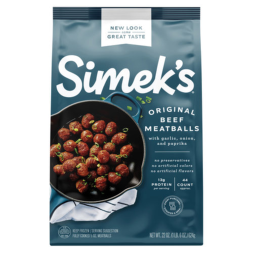 Simek’s Original Beef Meatballs are crafted with quality ingredients and homemade taste. These Original All Beef Frozen, Fully Cooked Meatballs are made with no preservatives, artificial colors, or artificial flavors. They are the perfect protein addition to any recipe for an easy lunch, dinner or appetizer. At Simek’s we believe mealtime matters but know that sometimes life can get in the way. That’s why, Simek’s Original Beef Frozen Fully Cooked Meatballs are an easy meal or easy appetizer for the holidays, game days, barbecues and more! These fully cooked frozen beef meatballs are easy to prepare in the microwave, oven or stove top, without sacrificing flavor. With Simek’s Original Beef Frozen Fully Cooked Meatballs, you’ll always have a convenient meal, crafted with quality ingredients, and taste you, your family or guests will love. - Simek’s Original Beef Frozen Meatballs, approx. 44 fully cooked ½ oz. Frozen meatballs. - Simek’s Original Beef Frozen Meatballs are made with all beef and are perfectly seasoned with garlic, onion and paprika that make for an easy addition to any recipe – lunch, dinner or appetizers. - Simek’s Original Beef Frozen Fully Cooked Meatballs can be ready in minutes and pack 14 grams of protein per serving. - Keep frozen until you’re ready to enjoy. - Every Product Donates a Meal. (One meal per package is donated to local Feeding America food banks. For more information, please visit simeks.com/impact) - All Simek's frozen packaging has a net zero plastic footprint. - Women Owned.