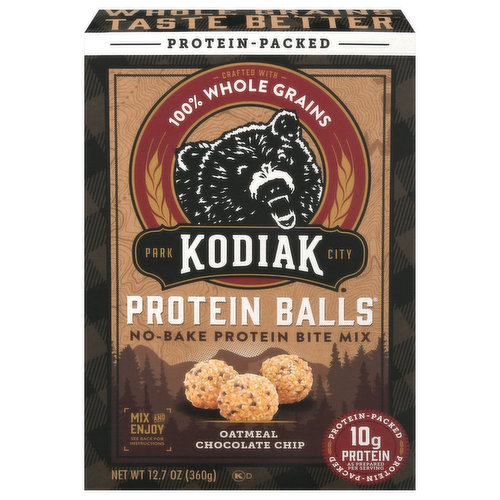 Protein packed. Mix and enjoy. See back for instructions. Whole grains taste better. Snack Adventurously: For when you need a nourishing, filling snack to get you out of the bear den, Kodiak Protein Balls are the perfect no-bake option to fuel adventures big or small. We craft Kodiak Protein Balls Mix the traditional way using 100% whole grains and pack each serving with 10 grams of protein as prepared. Just stir in your favorite nut butter and sweetener of choice. Then, roll the mixture into bite-sized balls for a snack that will satisfy even a grizzly sized appetite. Hibernate easily knowing that each bite will provide you with the wholesome nourishment you need to conquer your frontier. Frontier food restored. In the early days, lumberjacks and pioneers relied on food packed with protein and essential nutrients from whole grains to get them through long days on the frontier. Though most of us have traded in our axes for laptops, we still crave delicious, nourishing food. Kodiak Protein Balls, are meant for those of us who, like the rugged pioneers exploring the untamed wilderness, require nutrition and great taste to successfully navigate today's frontier. Please recycle. Grizzly Bear and Wildlife Foundations. We're committed to keeping the frontier wild for future generations. Your purchase helps us support foundations that protect grizzly bears and other wildlife habitats around the country.