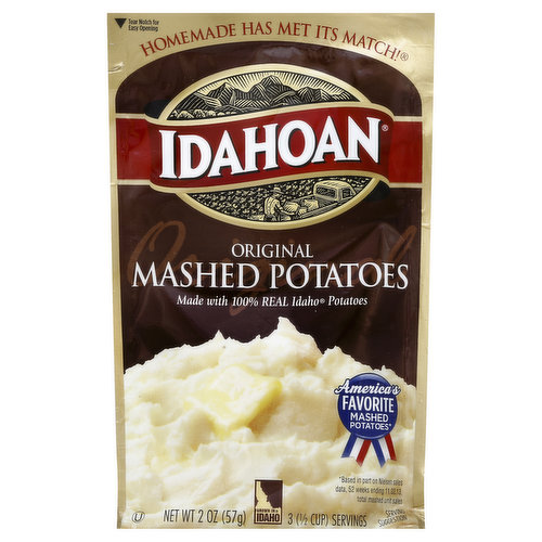 3 (1/2 cup) servings. Made with 100% real Idaho potatoes. Homemade has met its match! America's favorite mashed potatoes (Based in part on Nielsen sales data, 52 weeks ending 11.02.13. Total mashed unit sales). Gluten free. Satisfaction guaranteed. Questions or comments? Call 800.746.7999. Homemade taste every time. Visit us at Idahoan.com or find us on: Facebook/Idahoanfoods; Twitter at IdahoanFoods; YouTube: IdahoanFoods; Pinterest: Idahoan Potatoes. Grown in Idaho. Made in the USA.
