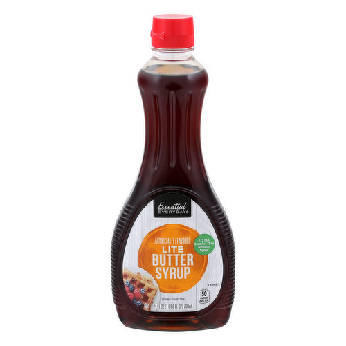 Artificially flavored. 1/2 the calories than regular syrup. Calorie Comparison: Lite butter flavored syrup. 50 calories. Regular butter flavored syrup. 100 calories. 100% quality guaranteed. Like it or let us make it right. That's our quality promise. essentialeveryday.com.