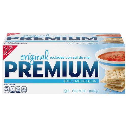 Premium Original Saltine Crackers are time-tested and delicious. The original recipe offers a light flavor and crispy texture with sea salt on top for the perfect amount of saltiness to complement a variety of foods. Topped with coarse sea salt, saltine crackers are the perfect salty and crunchy complement to so many dishes. Enjoy these snack crackers dipped or crumbled into your favorite stews, soups or chili. Plastic sleeves keep these soda crackers fresh in the 16 ounce box until you're ready to savor them.