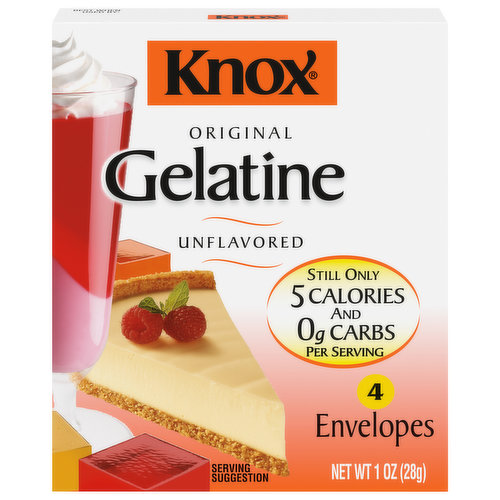 Get creative in the kitchen. Make desserts, salads, jams, jellies, main dishes and more with Knox Original Unflavored Gelatine. The possibilities are endless with our simple and easy-to-use ingredient! Perfect for a wide variety of recipes, our unflavored gelatin contains zero carbs and 5 calories per serving. Our versatile thickener is an essential ingredient in many desserts such as parfaits, cheesecake, panna cotta and homemade marshmallows. You can also use our unflavored gelatin packets to make jam, jelly and fruity gelatin treats. Each box contains four envelopes, individually sealed for lasting freshness until you’re ready to use.