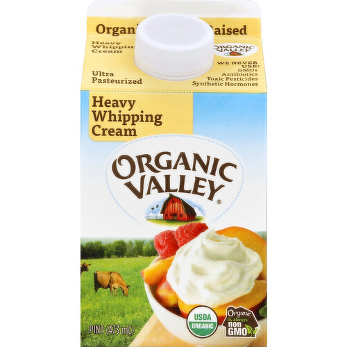 Organic pasture-raised. Ultra pasteurized. We Never Use: GMOs; antibiotics; toxic pesticides; synthetic hormones. USDA organic. Organic is always non GMO. Grade A. We give our animals the greenest pastures and they give you delicious cream. Pasture-Raised with Love: In a way, cows are like kids - the more time outside, the better. Our farmers send their cows out into lush, organic pastures for fresh air, exercise and grazing (weather permitting, of course). Reach for the Peak of Perfection: They say the cream rises to the top. Well, our whipping cream rises even higher. Specially made for longer-lasting peaks, it's perfectly suited for topping an unforgettable dessert. Add it to your favorite pies, cakes or sundaes to transcend delicious and experience the peak of perfection. Always Handled with Care: Cows are part of our family and respect for animals is part of how we do business. Our 57 quality checks ensure your cream arrives tasting as fresh as can be. You wouldn't put them on your table, so we never use antibiotics, synthetic hormones, toxic pesticides, or GMOs. From Our Family to Yours: Like you, we care about how food is grown, how it tastes, and how healthy it is for all living things. In your backyards and all across the country, we are your neighbors, a natural cooperative of real farmers growing real food the right way. Find an OV farm near you at ov.coop/farmer. Oregon Tilth Certified Organic. www.Organicvalley.coop.