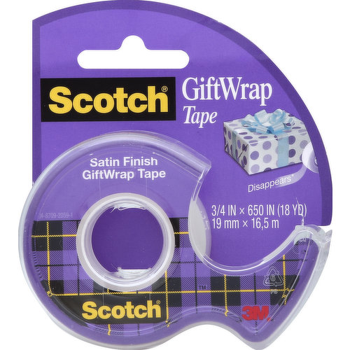 3/4 in x 650 in (18 yd). 19 mm x 16.5 m. Disappears (Disappears on most gift wrap). Photo safe (Photo-safe determined in accordance with ISO standard 18916). Scotch GiftWrap Tape features a unique satin finish that disappears on most gift-wrap papers. Makes your gifts look great! Easy to dispense and sticks securely. Questions or comments? Call toll-free 1-800-328-6276. www.ScotchBrand.com. Scotch Brand Tapes: Great ideas that stick. Made in USA with globally sourced materials.