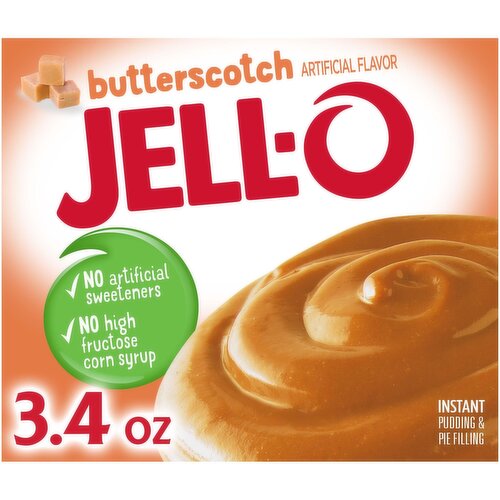 Jell-O Butterscotch Instant Pudding Mix offers a delicious flavor, whether you eat it as a treat or use it as an ingredient in your favorite dessert recipes. The delicious butterscotch flavor tastes great as an instant pie filling or as an ingredient in butterscotch cookies. It contains no artificial sweeteners or high fructose corn syrup. The dessert is easy to make in just five minutes; simply stir milk into the pudding powder and allow to set. You will quickly have a delicious pudding that the entire family will enjoy. The 3.4 ounce box of Jell-O butterscotch pudding mix comes individually packaged in a sealed pouch.
