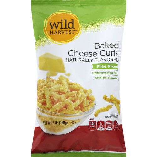 Naturally flavored. Free from: Artificial flavors. Per 1 oz: 140 calories; 1 g sat fat (5% DV); 160 sodium (7% DV); 2 g sugars. Gluten free. Looking for a fun, tasty snack that you can take anywhere? Try our Wild Harvest baked cheese puffs or baked cheese curls. They're loaded with a bold cheesy flavor to satisfy your taste buds! Free from: Hydrogenated fat. 100% quality guaranteed. Like it or let us make it right. That's our quality promise. www.mywildharvest.com. To learn more about Wild Harvest products, including our full line of organic products, and for recipes, please visit www.mywildharvest.com. Like it or let us make it right. That's our quality promise. 855.423-2630.