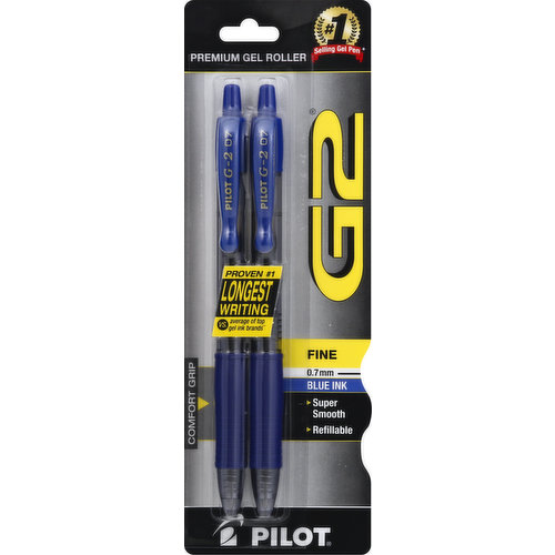 BG272BLU-6PK Premium gel roller. No. 1 selling gel pen (Source: No. 1 selling gel pen, NPD. Data on file). Proven no. 1 longest writing vs. average of top gel ink brands. Comfort grip. Super smooth. Refillable. America's go-2 gel ink pen. Super Smooth Writing: Featuring pilot's unique gel ink formula. Longest Writing Gel Ink Pen (Independent ISO Testing: Average of G2 write out (all point sizes) compared to the average of the top branded gel ink pens tested (all point sizes). Data on file): Writes longer providing exceptional value. Comfortable Rubber Grip: Contoured design fits your hand. Refillable for Continued Use: Use the G2 refill.   www.pilotpen.us. Available in four point sizes with assorted ink colors. Ultra fine point (0.38 mm). Extra fine point  (0.5 mm). Fine point (0.7 mm). Bold point (1.0 mm). Made in Japan.