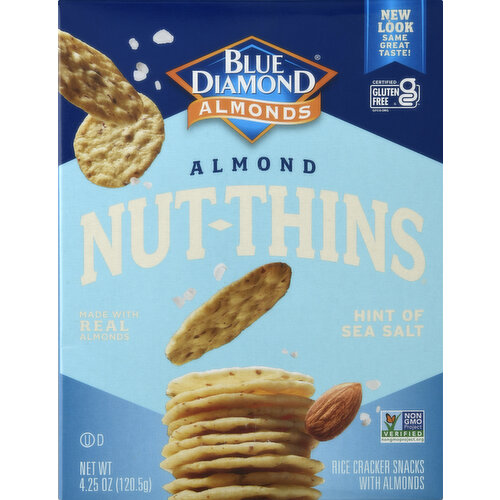 Made with real almonds. Rice cracker snacks with almonds. No artificial flavors. 19 crackers per serving. Certified gluten free. gfco.org. No wheat or gluten. New look same great taste! Hit the spot with a hint of sea salt. Handfuls of fantastic, flavorful crunching you can feel good about. We love our almonds so much we baked them into crispy crackers with irresistible flavors. Dig in, dip them, pass them around. It's the ultimate snack with the one and only nutty crunch. Crunch on!! This package is sold by weight, not by volume. www.bluediamond.com. Questions or comments? Write Blue Diamond customer support, PO Box 1768, Sacramento, CA 95812 or call 1 (800) 987-2329. Please include code number found on top of carton with all inquiries. Try all of our irresistible snack crackers! Multi-seeds. Sriracha. Pepper Jack.