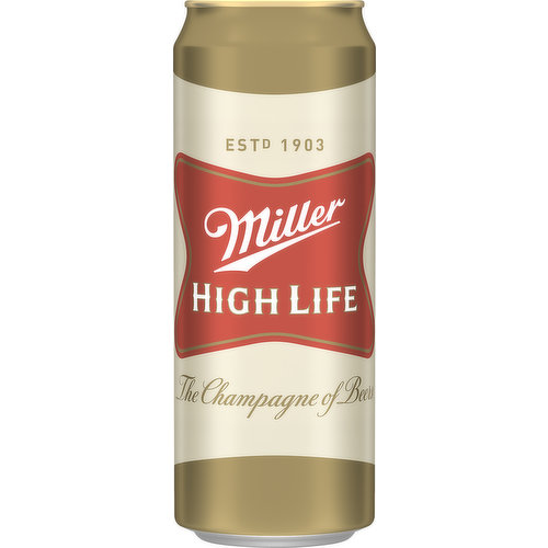 The champagne of beers. Union made. Corn syrup is used as part of the brewing process only. Miller high life never uses high fructose corn syrup. Questions? Call 1-800-Miller6. Recyclable aluminum. 4.6% alc./vol. 9.2
