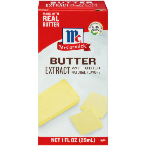 Made with real butter, McCormick® Butter Extract is the secret ingredient you never knew your baked goods needed! And good news - we don’t use any artificial flavors, artificial colors or corn syrup in our Butter Extract. Non-GMO and gluten-free.
Here at McCormick we’re always working to craft the best flavors for you and your family. That’s why you won’t find any artificial flavors or coloring in this extract.
Because there are no artificial colors, Butter Extract will not add color to your recipes. Tip: Try using a dash of food coloring to achieve desired hues.