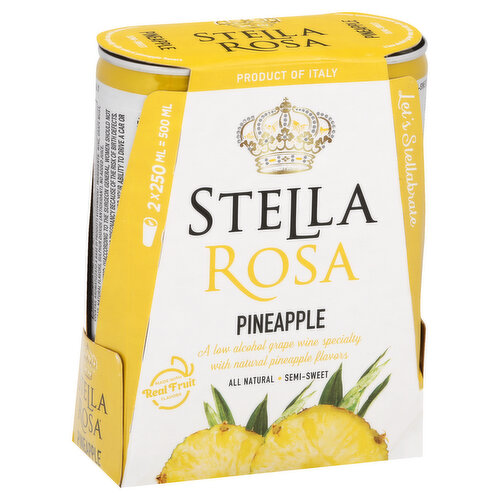2 x 250 ml = 500 ml. A low alcohol grape wine specialty with natural pineapple flavors. Gluten free. Made with real fruit flavors. All natural. Semi-sweet. Let's Stellabrate. www.stellarosa.com. Ph. 1-888-223-1401 - www.stellarosa.com. Alc. 5% by vol. 10 Bottled by: Cavim SRL - Ovada - Italy. Product of Italy.