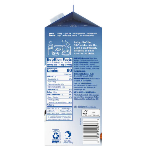 Silk Silk Almond Milk, Vanilla, Dairy Free, Gluten Free, Seriously Creamy Vegan Milk with 50% More Calcium than Dairy Milk, 64 FL OZ Half Gallon