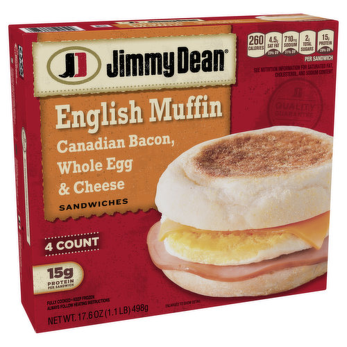 Jimmy Dean Canadian Bacon, Whole Cracked Egg & Cheese English Muffin Sandwiches, 4 Count (Frozen)