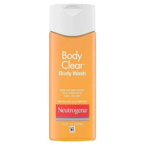 Help treat and clear up body breakouts as you cleanse with Neutrogena Body Clear Acne-Fighting Body Wash with 2% salicylic acid. Designed for acne-prone skin, this refreshing oil-free body wash helps fight breakouts on your back, chest, and shoulders and is made with glycerin to help prevent skin dryness. From the number 1 dermatologist recommended acne-fighting brand, this gentle formula contains salicylic acid acne medication, which treats and helps prevent breakouts and won't over-dry or irritate your skin. This easy to lather daily acne body wash rinses clean and is non-comedogenic, so it won't clog pores and your skin is left feeling clean and refreshed.