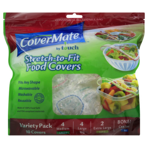 By touch. Fits any shape. 10 covers. Microwavable. Washable. Reusable. Made of 100% food safe and FDA compliant material. 4 Medium green. 4 Large red. 2 Extra large gold. Bonus! Can cover blue. Simply stretch cover over bowls and plates to keep food fresh! How It Works: FlexBand Wrap: stretches to fit any shape. Easy to cover and re-cover. Heavy-Duty Clear Wrap: Keeps food fresh. Easy-to-see contents. Built-In Corners: Corners expand to fit rectangular dishware. Corner Vent: Allows steam to escape when used in microwave. Heat-Sealed Edge: Eliminates sewing & thread so it's reusable & dishwasher safe! Also great for keeping produce fresh. Try them on half tomatoes, grapefruit, cantaloupe and watermelon. Microwave safe up to 220 degrees F: Ideal for splatter-free reheating, defrosting and steaming. Great for saving leftovers in the refrigerator! Dishwasher Safe: Designed to be reusable. Clean thoroughly before reusing. Green - medium fits 4 inch to 9 inch. Red - large fits 9 inch to 14 inch. Gold -x large fits 14 inch to 19 inch. CovermateCovers.com. IndustriesTouch.com. www.polarpak.ca. Questions or comments? 1 888 850 0488 CovermateCovers.com or IndustriesTouch.com Convenient reclosable bag. BPA free and PVC free. Recyclable plastic content. This packaging is recyclable. Made in China.