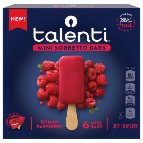 Real Raspberries! This recipe calls for ten raspberries in each bar. Yes, ten real raspberries in every frozen fruit bar for the perfect frozen dessert. We source raspberries from both California and Chile and add a dash of lemon juice for a unique Talenti twist on a familiar fruity flavor. This mini sorbetto dessert fruit bar is simple yet delicious, and perfect for when you're looking for the balance of both sweet and tart. At Talenti, we believe the best process and ingredients result in delicious gelato and sorbetto. That's why we source the highest-quality ingredients from all around the world. And because we don’t add extra air into the product, you’ll enjoy a richer flavor with a denser consistency. In addition to Gelato flavors, Talenti has Dairy-Free Sorbettos, Organic Gelato and Gelato Layers -- 5 layers of the ultimate indulgence. All our products are made with non-GMO sourced ingredients which have been evaluated by Where Food Comes From, Inc., and adhere to our Non-GMO Sourced Standards. Discover your next mini indulgence. Flavors that you know and love now in mini bars that let you enjoy your favorite sorbetto on the go! Try all our flavors and discover what makes Talenti so special.