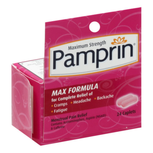 Misc: Contains Acetaminophen, Aspirin (NSAID) & caffeine. Max formula for complete relief of: cramps; headache; backache; fatigue. Easy-open bottle with child-resistant packaging. Purchase only if carton end flaps are sealed. Questions or comments? www.pamprin.com.