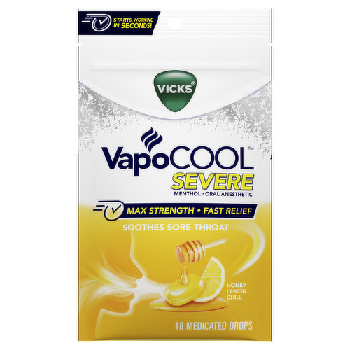 Vicks Severe VapoCool Severe Medicated Sore Throat Drops, Menthol, Honey Lemon