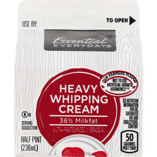 50 calories per 1 tbsp. See nutrition information for fat, saturated fat and cholesterol content. Ultra-pasteurized. Our farmers pledge. Not to use artificial growth hormones (no significant difference has been shown between milk derived from rBST-treated and non-rBST-treated cows). Processed and packaged at plant stamped on container. Grade A. essentialeveryday.com. Product of USA.
