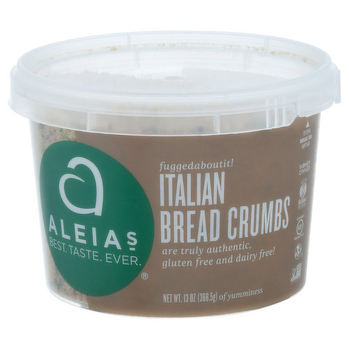 Best. Taste. Ever. Italian bread crumbs are truly authentic, gluten free and dairy free! Net wt 13 oz (368.5 g) of yumminess. Love the earth, please recycle. Women Owned.