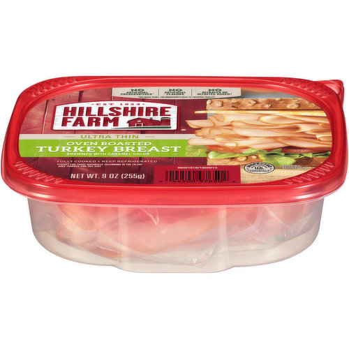 9 oz Hillshire Farm Ultra Thin Deli Sliced Turkey Breast Lunchmeat Oven Roasted Turkey Breast is made with slow cooked, oven roasted turkey and no artificial flavors. Fully cooked and ready-to-eat, simply serve the turkey lunchmeat with mild cheddar cheese, sliced red onion and lettuce on a sesame seed bun for a delicious deli-style sandwich. These turkey slices are double-sealed for freshness.