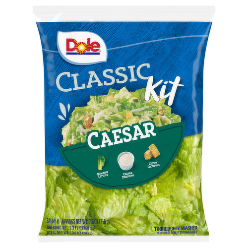 Thoroughly washed. This everyday classic includes crisp romaine lettuce, crunchy garlic croutons, and Dole's Caesar Dressing.