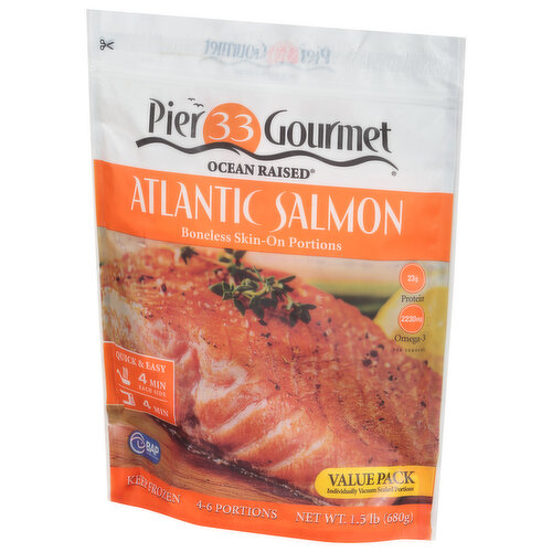 Pier 33 Gourmet Ocean Raised Atlantic Salmon, Boneless, Skin-On Portions, Value Pack